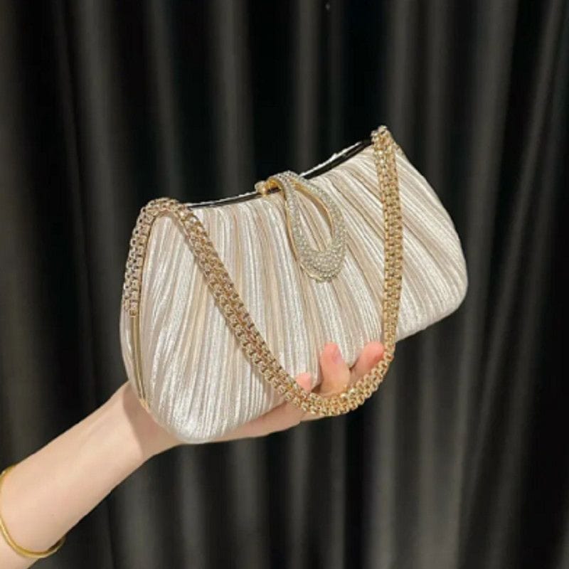 Gold Pleated Party Clutch with Gold Chain Strap